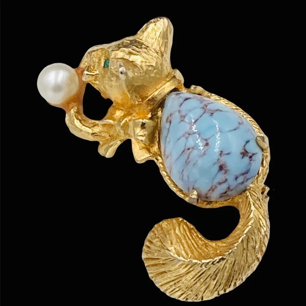 Vintage DeNicola Blue Art Glass Playful Cat Brooch